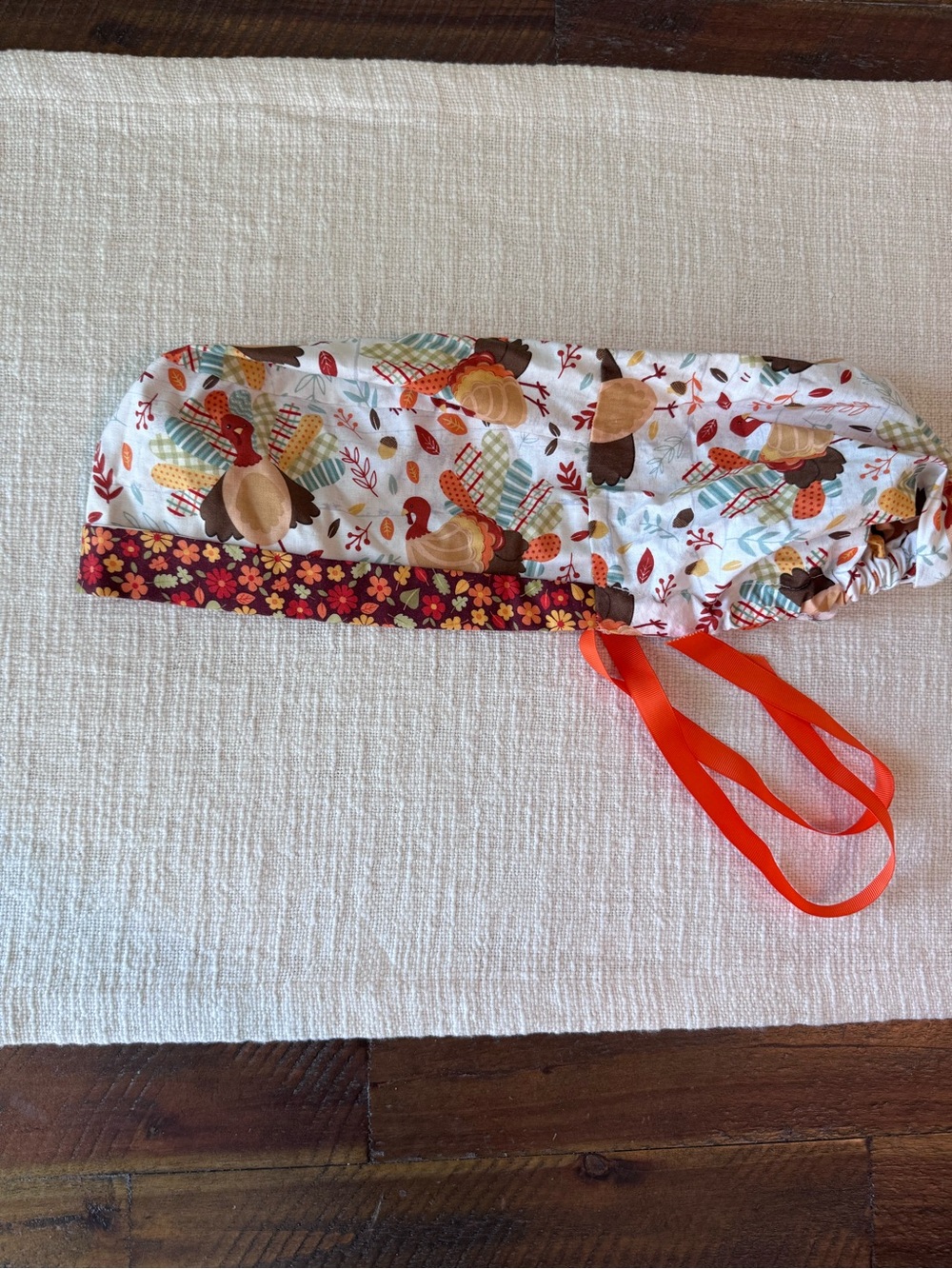 Women’s Fall Turkey Print Scrub Cap with Orange Ties